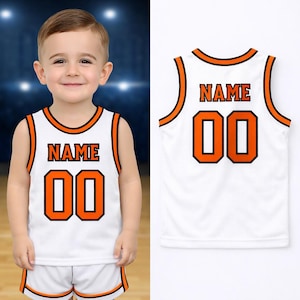 Camiseta de baloncesto infantil personalizada: camiseta deportiva sin mangas personalizada para bebés y niños pequeños con nombre y número, regalo único para bebés. White-Orange-black
