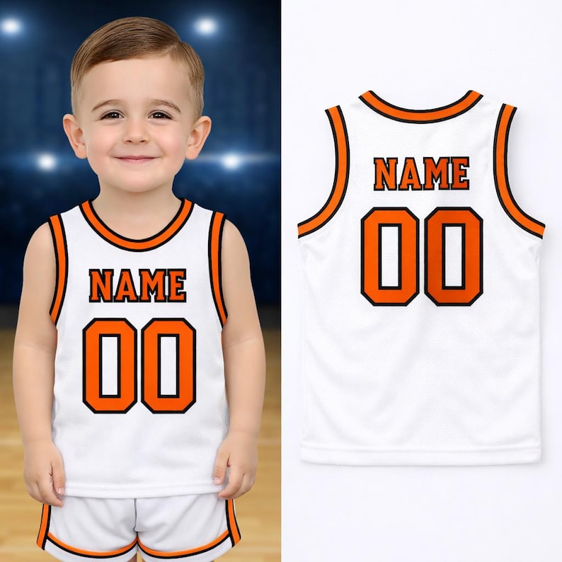Camiseta de baloncesto infantil personalizada: camiseta deportiva sin mangas personalizada para bebés y niños pequeños con nombre y número, regalo único para bebés. White-Orange-black