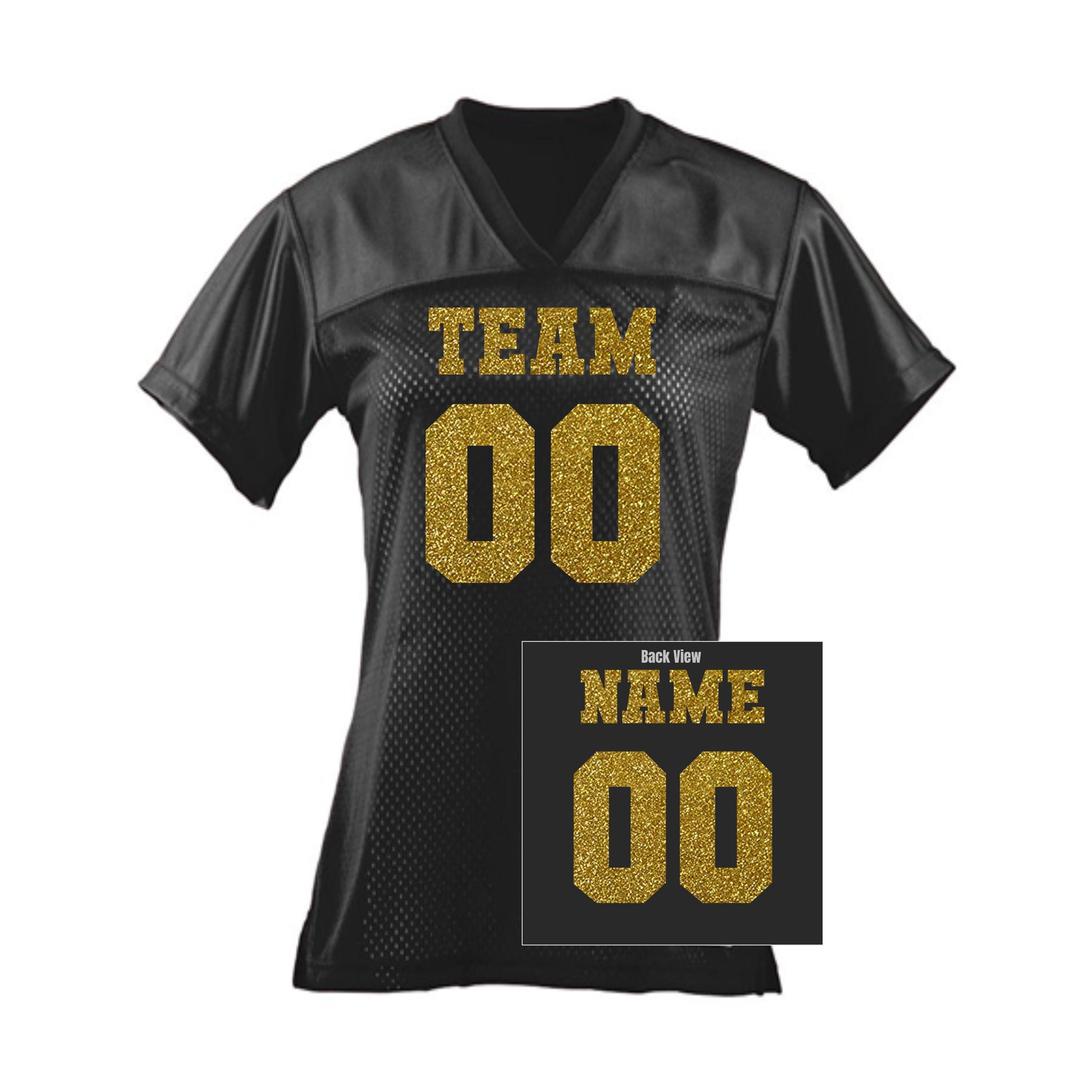 Customized Women Football Jersey, Black Jersey with Gold, Sliver, Red, Pink Glitter Name and Number