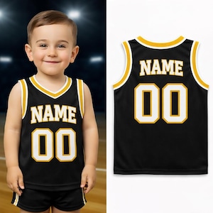 Camiseta de baloncesto infantil personalizada: camiseta deportiva sin mangas personalizada para bebés y niños pequeños con nombre y número, regalo único para bebés. Black-Gold-white