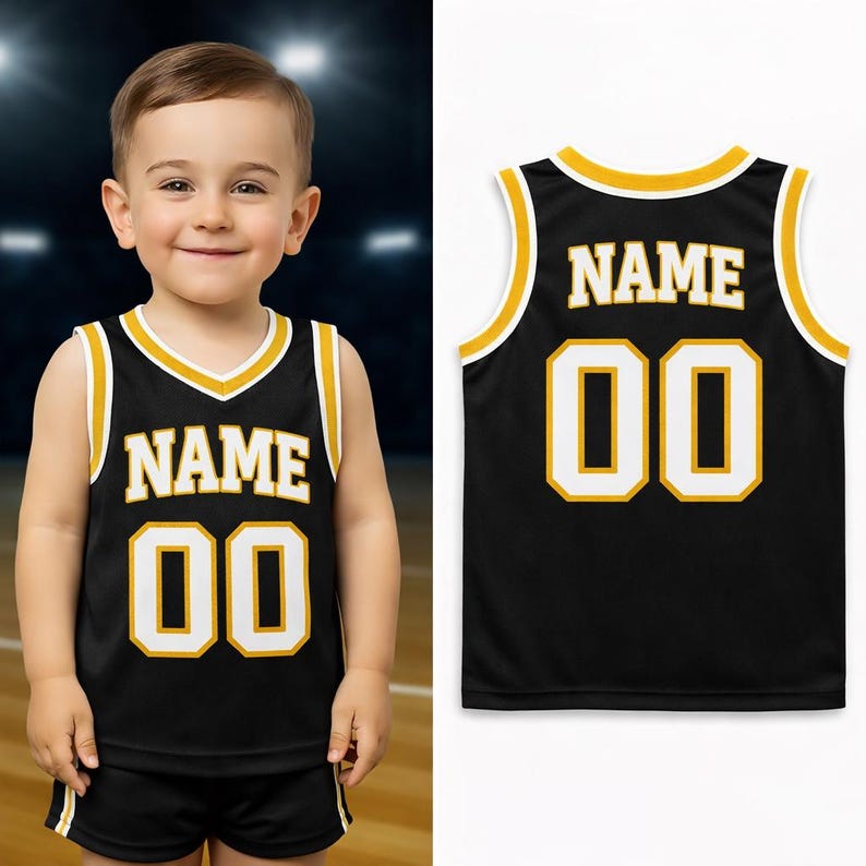 Camiseta de baloncesto infantil personalizada: camiseta deportiva sin mangas personalizada para bebés y niños pequeños con nombre y número, regalo único para bebés. Black-Gold-white
