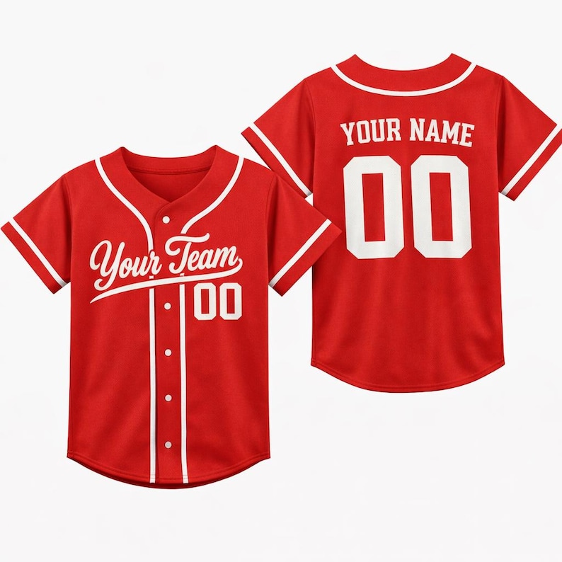 Personalized Kids Baseball Jersey, Custom Name Number, Birthday Gift Red-White