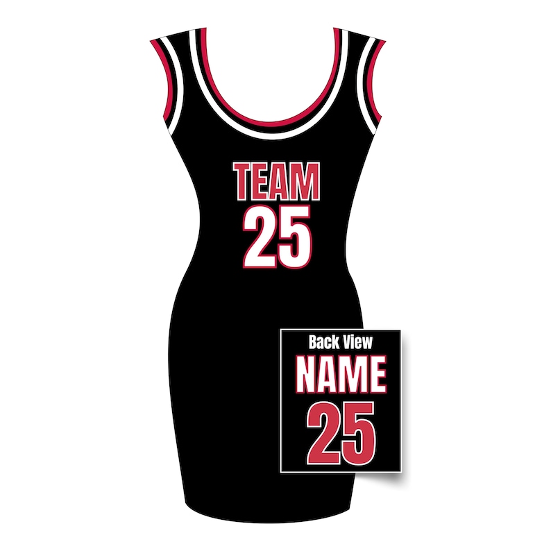Puede incluir: Vestido deportivo negro con detalles rojos y blancos. El frente muestra "TEAM 25". Un peque&ntilde;o gr&aacute;fico rectangular en la parte posterior muestra "Back View" y "NAME 25". El vestido tiene cuello redondo y dise&ntilde;o sin mangas.