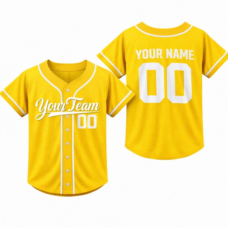 Personalized Kids Baseball Jersey, Custom Name Number, Birthday Gift Yellow Gold