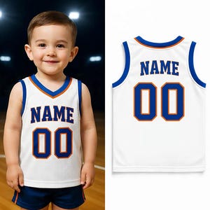 Camiseta de baloncesto infantil personalizada: camiseta deportiva sin mangas personalizada para bebés y niños pequeños con nombre y número, regalo único para bebés. White-Blue-Orange