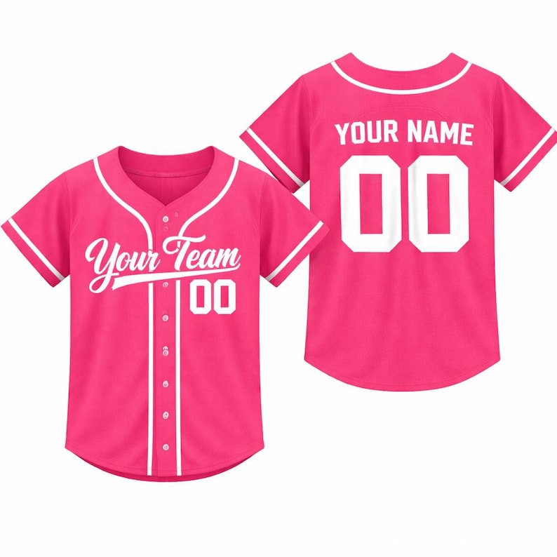 Personalized Kids Baseball Jersey, Custom Name Number, Birthday Gift Pink-White
