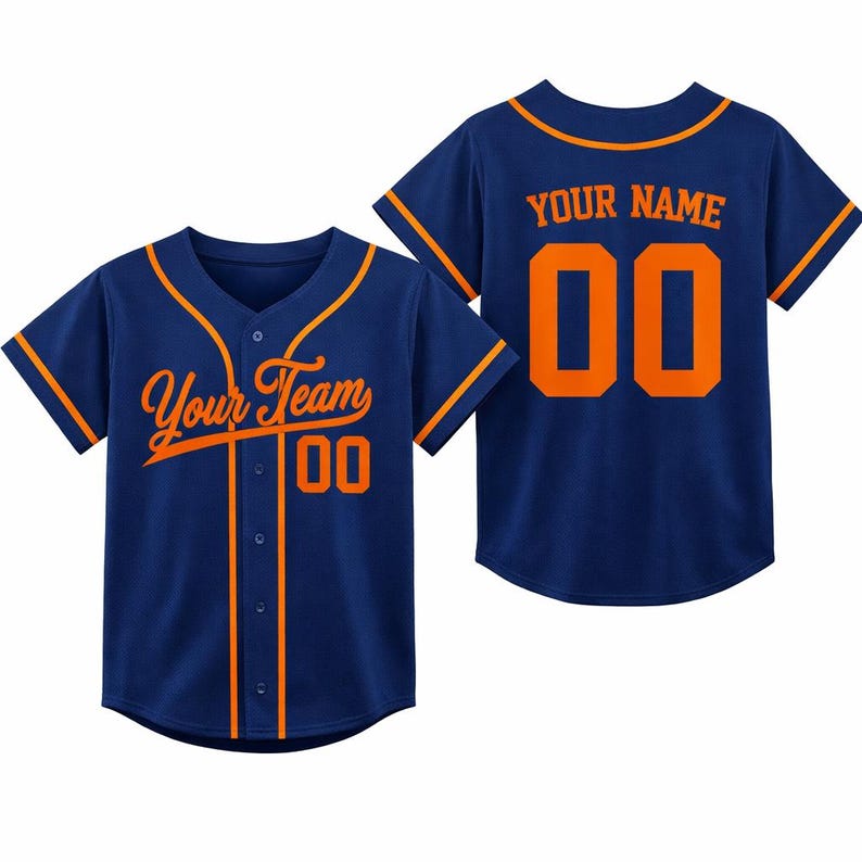 Personalized Kids Baseball Jersey, Custom Name Number, Birthday Gift Navy-Orange