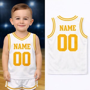 Camiseta de baloncesto infantil personalizada: camiseta deportiva sin mangas personalizada para bebés y niños pequeños con nombre y número, regalo único para bebés. White-Gold
