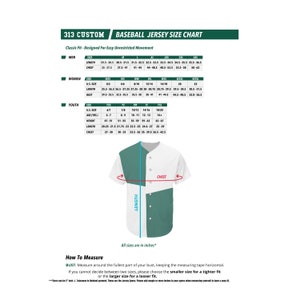 May include: Baseball jersey size chart with measurements for men, women, and youth. The chart includes length and chest measurements in inches. A white and teal baseball jersey is displayed with measurement labels.