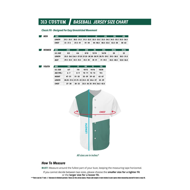 May include: Baseball jersey size chart with measurements for men, women, and youth. The chart includes length and chest measurements in inches. A white and teal baseball jersey is displayed with measurement labels.