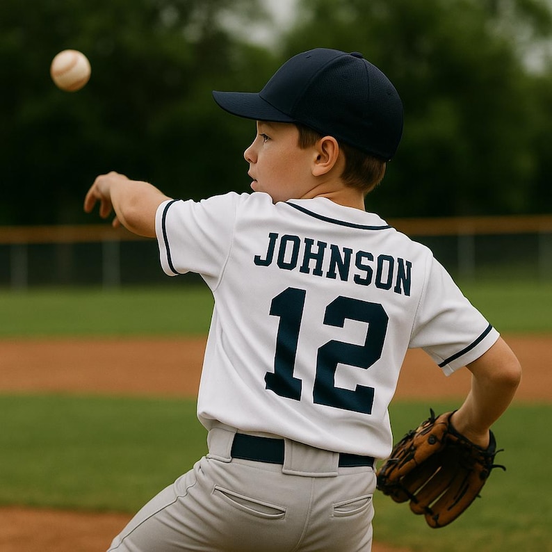 May include: A young baseball player in a white jersey with the name "JOHNSON" and the number "12" in navy blue. He's wearing a navy blue cap and gray pants, throwing a baseball. A brown baseball glove is on his left hand.