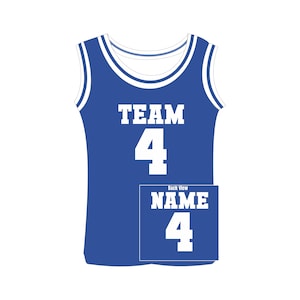 Puede incluir: Una camiseta de baloncesto azul con ribetes blancos y el texto "TEAM 4" en la parte delantera. La vista trasera muestra un rect&aacute;ngulo m&aacute;s peque&ntilde;o con el texto "NAME 4". La camiseta es sin mangas y tiene cuello redondo.