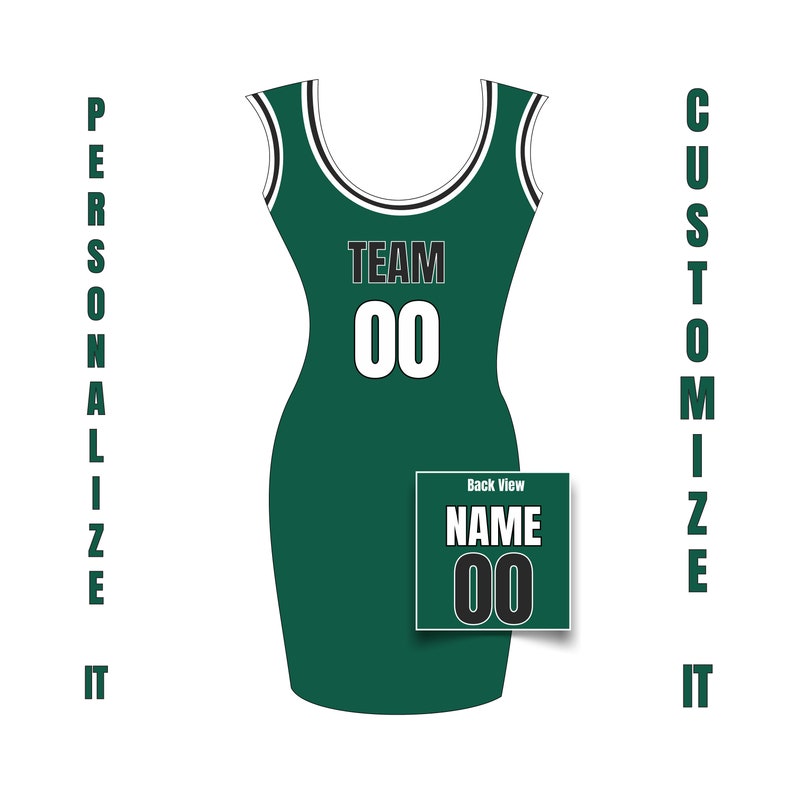 Puede incluir: Un vestido deportivo verde con el texto "TEAM" y el n&uacute;mero "00" en la parte delantera. La vista trasera muestra el texto "NAME" y el n&uacute;mero "00". Las palabras "PERSONAL&Iacute;ZALO" y "PERSONAL&Iacute;ZALO" est&aacute;n en los lados.