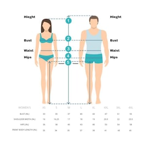 Puede incluir: Un diagrama que ilustra las medidas corporales para tallas de ropa. Presenta figuras masculinas y femeninas con puntos de medici&oacute;n para altura, busto, cintura, caderas y entrepierna. Una tabla de tallas enumera las medidas en pulgadas para tallas de mujer de XS a 4XL.