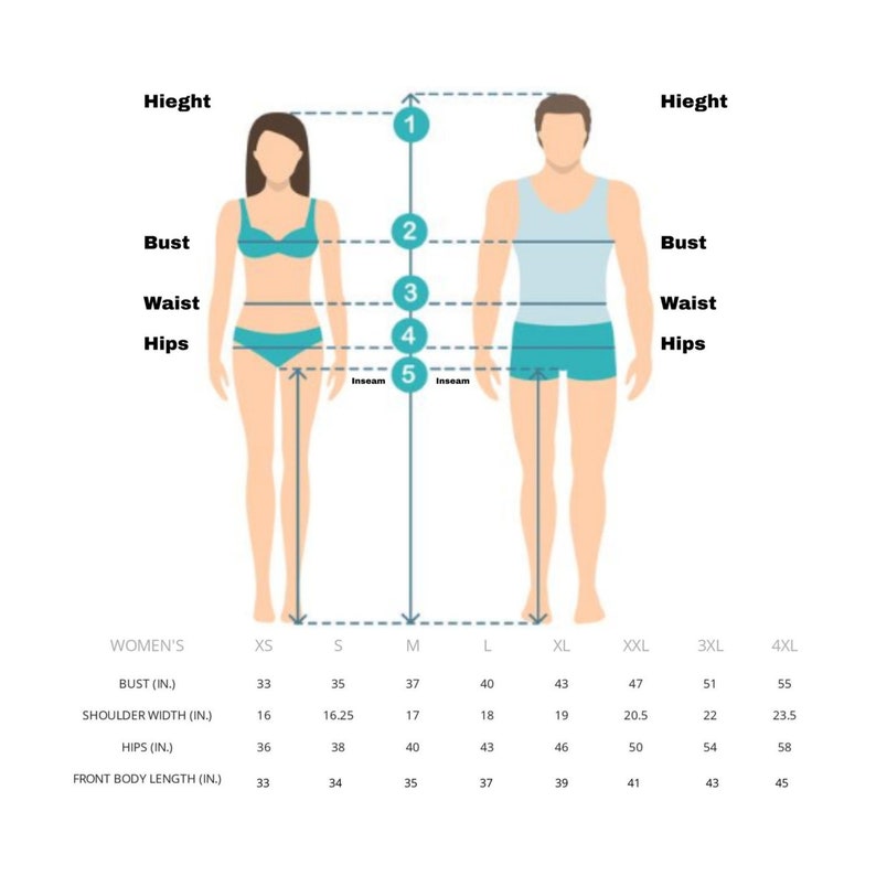 Puede incluir: Un diagrama que ilustra las medidas corporales para tallas de ropa. Presenta figuras masculinas y femeninas con puntos de medici&oacute;n para altura, busto, cintura, caderas y entrepierna. Una tabla de tallas enumera las medidas en pulgadas para tallas de mujer de XS a 4XL.