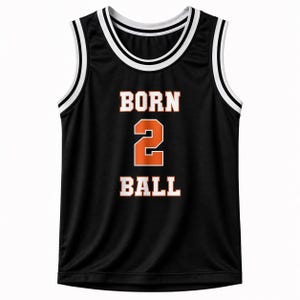 May include: Black basketball jersey with white and orange lettering and trim. The jersey features the words "BORN 2 BALL" in white block letters with an orange number 2 in the center. The jersey has white trim around the neck and arm openings.