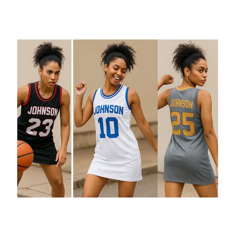 Puede incluir: Tres vestidos de estilo camiseta de baloncesto en negro, blanco y gris. Cada vestido lleva el nombre "JOHNSON" y un n&uacute;mero. El vestido negro tiene ribetes rojos y el n&uacute;mero 23. El vestido blanco tiene ribetes azules y el n&uacute;mero 10. El vestido gris tiene letras doradas y el n&uacute;mero 25.