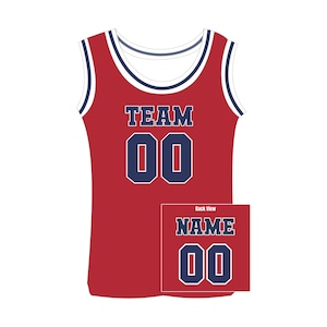 Puede incluir: Camiseta de baloncesto roja con ribete blanco y azul marino. La parte delantera muestra la palabra "TEAM" sobre el n&uacute;mero "00" en azul marino. Una imagen m&aacute;s peque&ntilde;a muestra la vista trasera con "NAME" y "00".