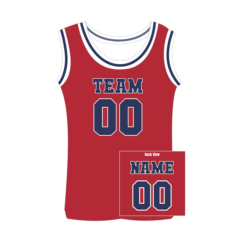 Puede incluir: Camiseta de baloncesto roja con ribete blanco y azul marino. La parte delantera muestra la palabra "TEAM" sobre el n&uacute;mero "00" en azul marino. Una imagen m&aacute;s peque&ntilde;a muestra la vista trasera con "NAME" y "00".