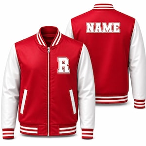 Pode incluir: Casaco universitário vermelho e branco com fecho de correr. O casaco apresenta mangas brancas, gola branca e riscas brancas nos punhos e na bainha. A frente exibe a letra branca "R", e as costas a palavra "NAME" em branco.