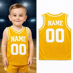 Camiseta de baloncesto infantil personalizada: camiseta deportiva sin mangas personalizada para bebés y niños pequeños con nombre y número, regalo único para bebés. Gold-white