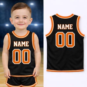 Camiseta de baloncesto infantil personalizada: camiseta deportiva sin mangas personalizada para bebés y niños pequeños con nombre y número, regalo único para bebés. Black-Orange-white