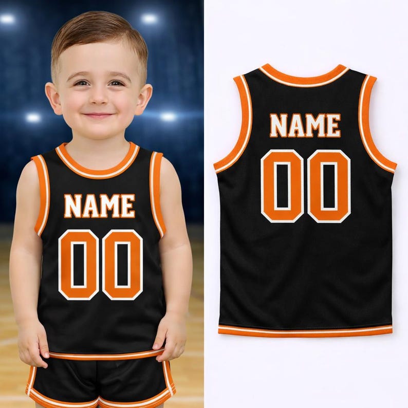 Camiseta de baloncesto infantil personalizada: camiseta deportiva sin mangas personalizada para bebés y niños pequeños con nombre y número, regalo único para bebés. Black-Orange-white