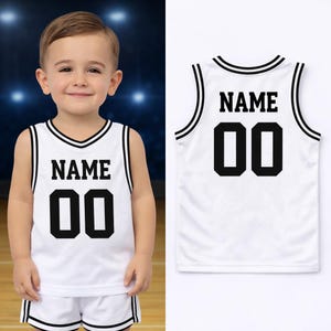Camiseta de baloncesto infantil personalizada: camiseta deportiva sin mangas personalizada para bebés y niños pequeños con nombre y número, regalo único para bebés. White-Black