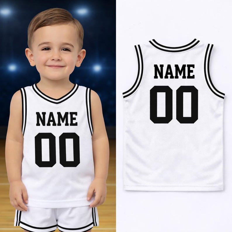 Camiseta de baloncesto infantil personalizada: camiseta deportiva sin mangas personalizada para bebés y niños pequeños con nombre y número, regalo único para bebés. White-Black