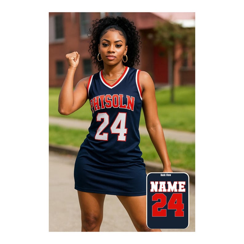 Puede incluir: Un vestido de jersey de baloncesto azul marino con detalles en blanco y rojo. La camiseta presenta la palabra "HISOLN" y el n&uacute;mero "24" en blanco. Un peque&ntilde;o gr&aacute;fico en la parte inferior derecha muestra la vista trasera con la palabra "NAME" y el n&uacute;mero "24".