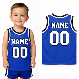 Camiseta de baloncesto infantil personalizada: camiseta deportiva sin mangas personalizada para bebés y niños pequeños con nombre y número, regalo único para bebés. Blue-White-bk