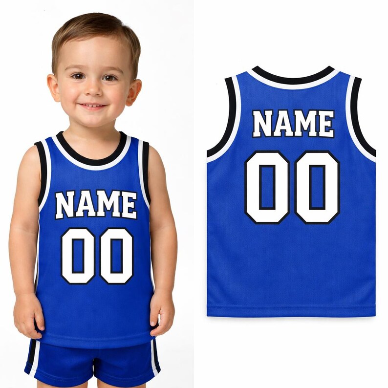 Camiseta de baloncesto infantil personalizada: camiseta deportiva sin mangas personalizada para bebés y niños pequeños con nombre y número, regalo único para bebés. Blue-White-bk