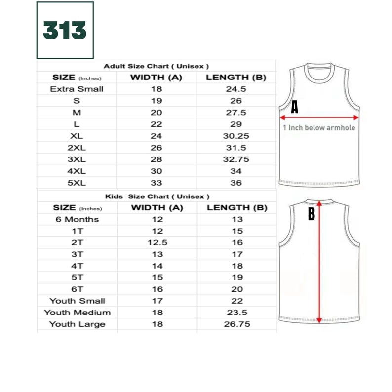 Puede incluir: Un gr&aacute;fico blanco muestra una tabla de tallas para camisetas sin mangas unisex para adultos y ni&ntilde;os. La tabla incluye medidas en pulgadas para el ancho y la longitud, desde Extra Small hasta 5XL para adultos y desde 6 meses hasta Youth Large para ni&ntilde;os.