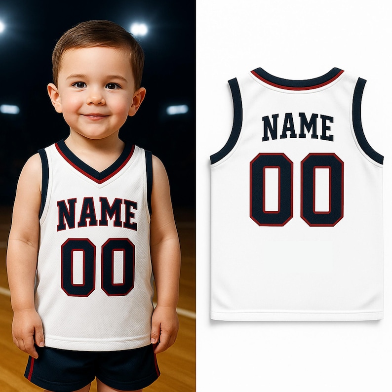Puede incluir: Una camiseta de baloncesto blanca con ribetes azul marino y rojos. La camiseta muestra el nombre "NAME" y el n&uacute;mero "00" en azul marino con detalles rojos. La imagen muestra la camiseta en un ni&ntilde;o peque&ntilde;o y una vista separada de la camiseta.