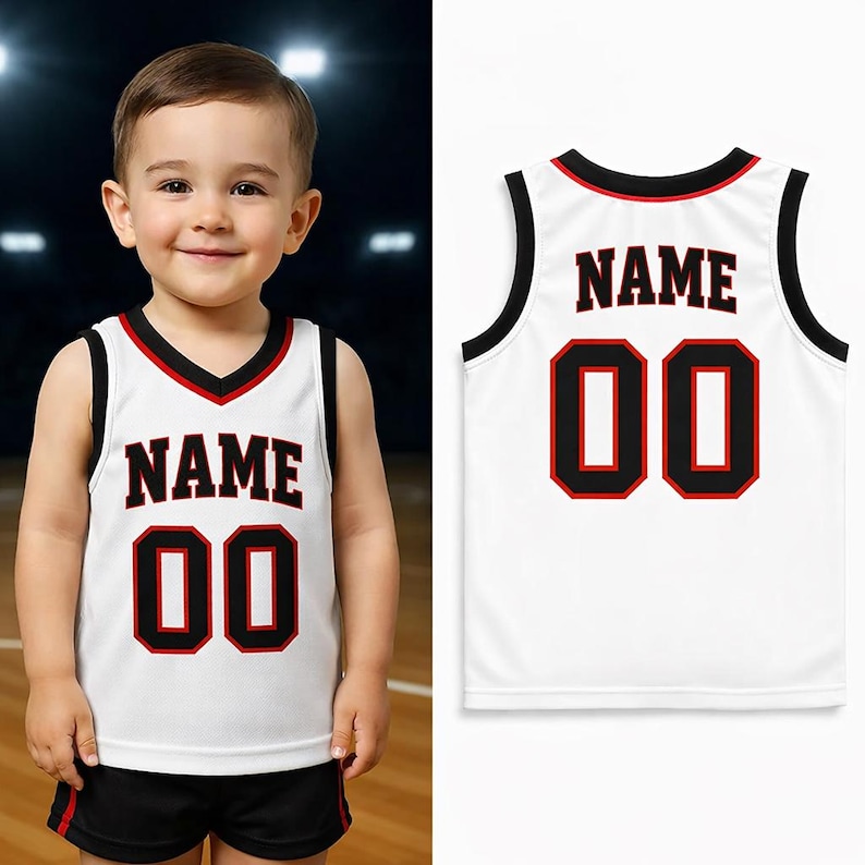 Camiseta de baloncesto infantil personalizada: camiseta deportiva sin mangas personalizada para bebés y niños pequeños con nombre y número, regalo único para bebés. White-BlackRed