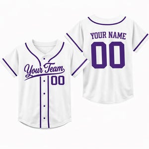 Personalized Kids Baseball Jersey, Custom Name Number, Birthday Gift White-Purple