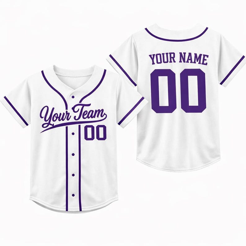 Personalized Kids Baseball Jersey, Custom Name Number, Birthday Gift White-Purple