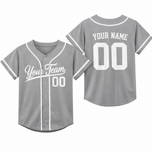 Personalized Kids Baseball Jersey, Custom Name Number, Birthday Gift Gray