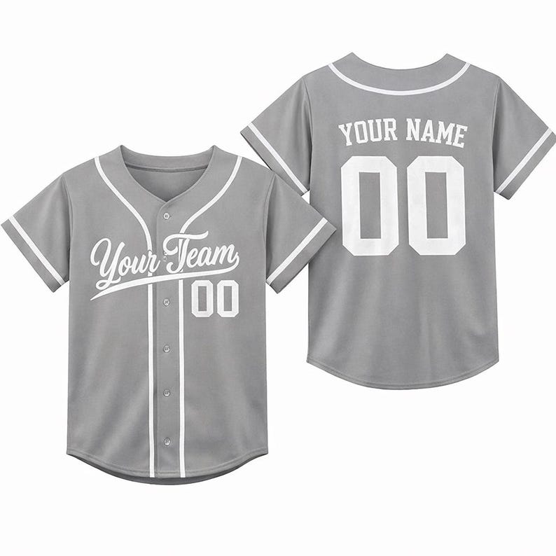 Personalized Kids Baseball Jersey, Custom Name Number, Birthday Gift Gray