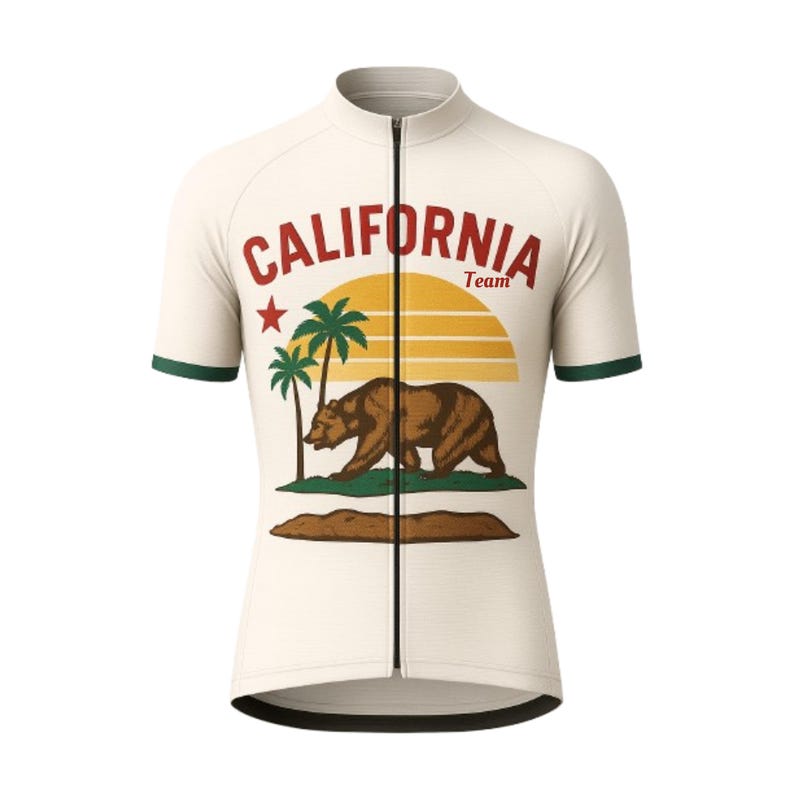 May include: A white cycling jersey with a full-zip closure. The jersey features a graphic design of a brown bear walking in front of a palm tree and a sunset with the text 'CALIFORNIA Team' in red and green lettering.