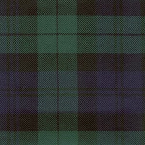 May include: A green and black plaid fabric with a subtle texture. The fabric has a traditional tartan pattern.