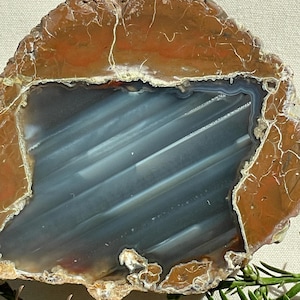 May include: A polished agate stone slice with a natural, earthy aesthetic. The outer edge is a warm brown with intricate patterns, framing a cool gray and blue center with linear striations. The stone's texture and color variations create a unique, decorative piece.