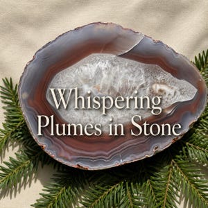 May include: A polished agate slice featuring concentric bands of brown, gray, and white with a crystalline center. The text "Whispering Plumes in Stone" is overlaid in white lettering across the center of the stone, which rests on green pine needles.