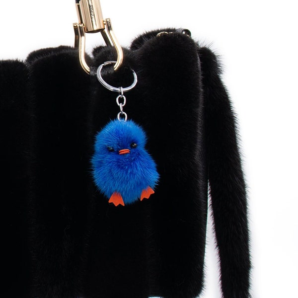 Mink Fur Chick Keychain - Cute Easter Gift Idea - Soft Chicken Lover Keychain Present - Small Fun Keys Charm - Dark Blue
