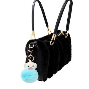 Rex Rabbit Fur Pig Keychain - Beach Bag Purse Charm - Fur Pompom Fluffy Ball - Fashion Gift - Kids Plush Animal Backpack Charm - Teal