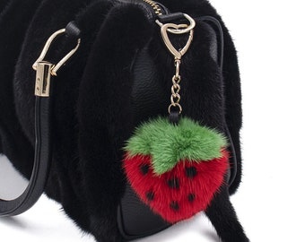 Red Strawberry Fruit Mink Fur Keychain - Luxury Bag Purse Charm - Stylish Gold Heart Ring - Kawaii Fluffy Fur - Fashion Food Charm Gift