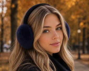 Real Rabbit Fur Earmuff with Velvet Band  - Soft Hair Rabbit - Cute Winter Fuzzy Headband - Ear Warmers - Colorful Fashion Accessory - Navy
