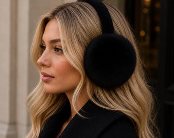 Foldable Black Faux Mink Fur Earmuffs with Velvet Band, Fluffy Plush Earmuffs, Fake Fur Accessory for Women, Winter Gift for Women
