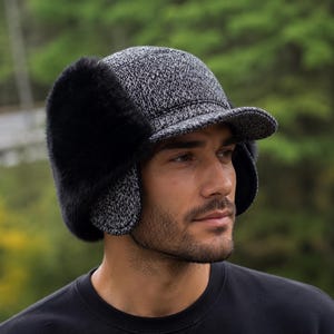 Men's Black and White Trapper Faux Fur Aviator Hat - Warm Bomber Trooper Hat - Grey Fake Fur Fudd Hat - Unisex Adult Comfortable Fashion