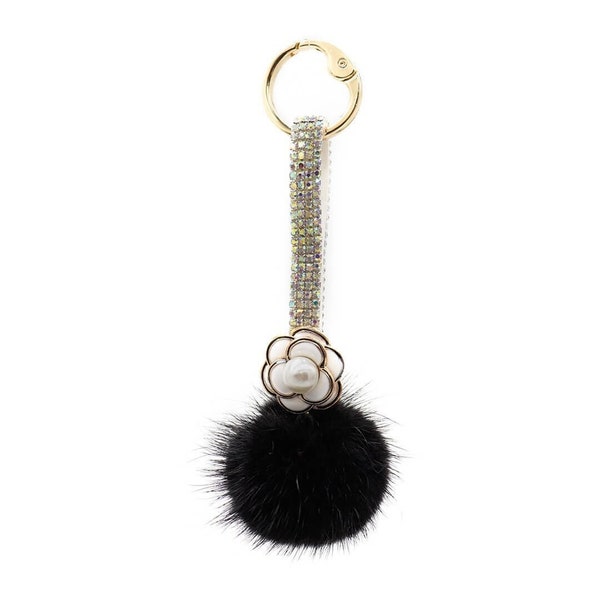 Mink Fur Pom Pom with Bling Flower Strap - Cute Summer Accessory - Luxury Fashion Charms - Genuine Fur - Rhinestone - Pearl - Black